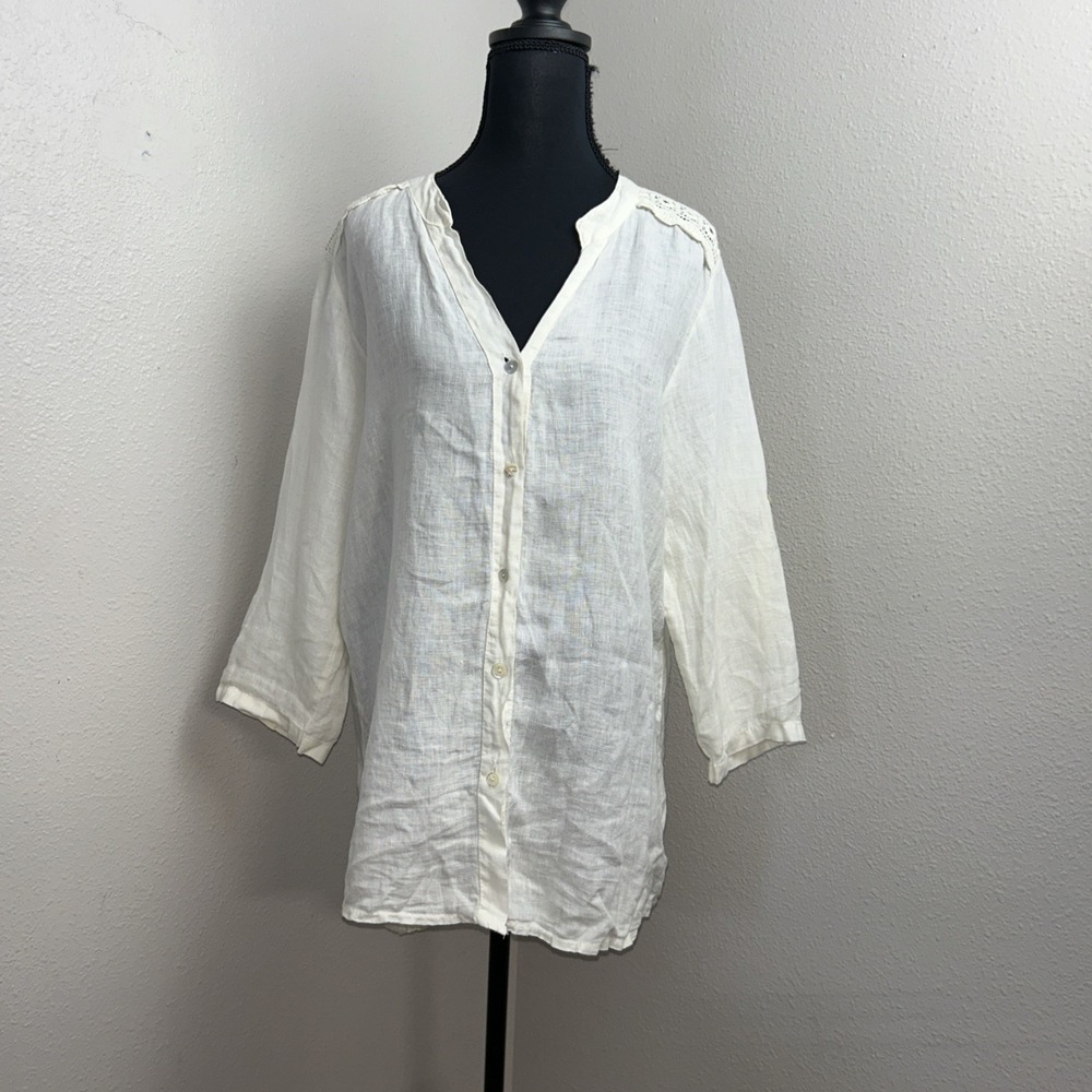 Rosemarine Blouse Women's Small Italy‎ White Linen V-Neck Button Roll Tab Sleeve